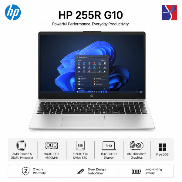 HP 255R G10 Ryzen 5 7535U 16GB DDR5 512GB SSD 15.6" FHD Laptop